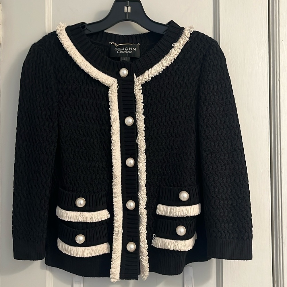 Black St John cardigan with pearl beads